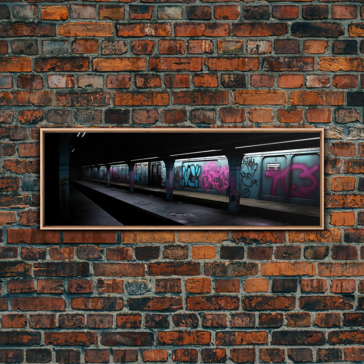 Urban Art, Graffiti On Subway Train, Pink And Teal Graffiti Art Canvas, Wall Decor Framed Canvas Print, Panoramic, Wall Art, Canvas Print