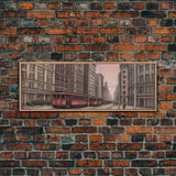 Colored Pencil Streetcar Urban Art Print, Red Train, Tram In The City, Sketch Art, City Art, Urban Print, Panoramic, Wall Art, Canvas Print