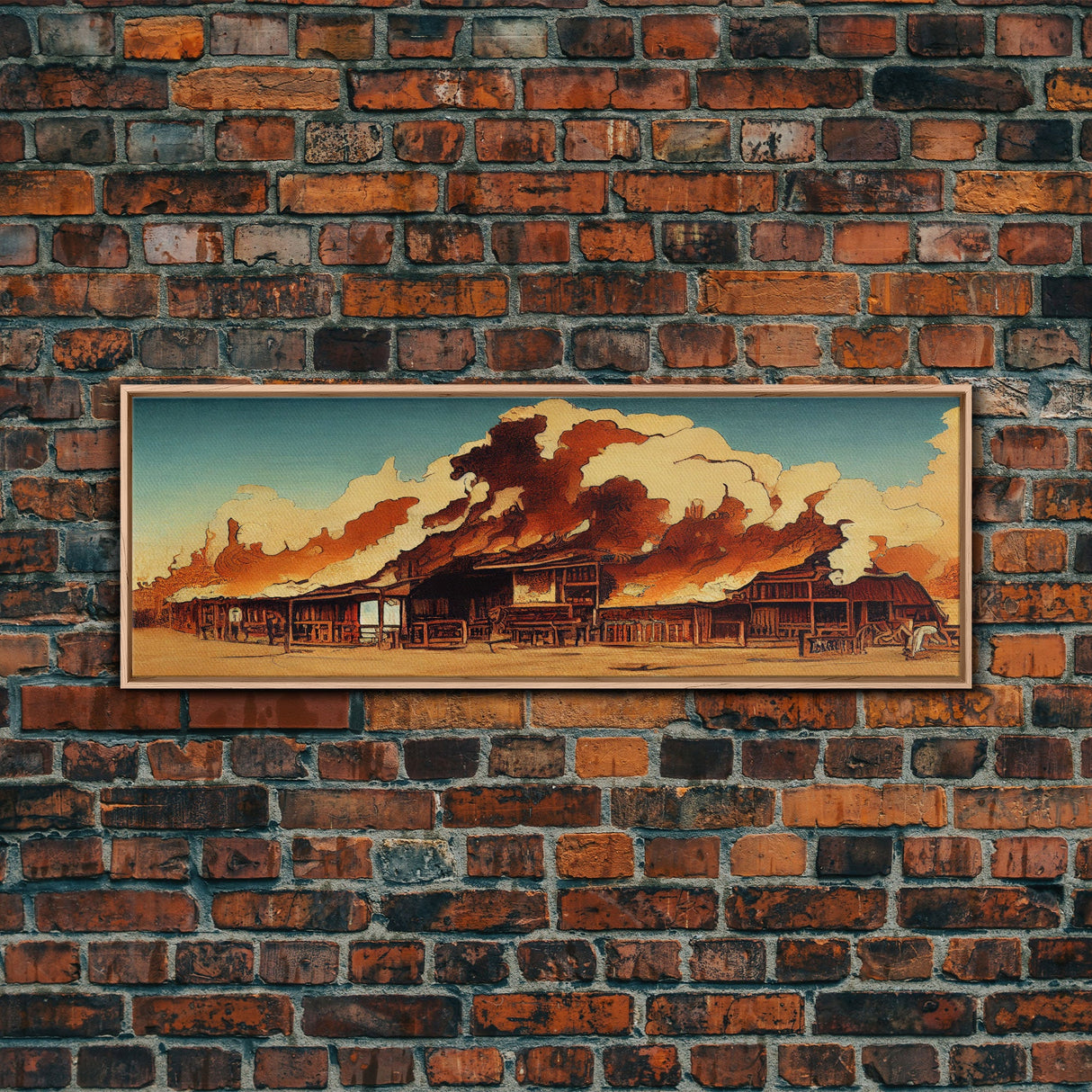 Wild West Canvas Art, Ready To Hang Canvas Print, Panoramic Art, Old West Saloon On Fire