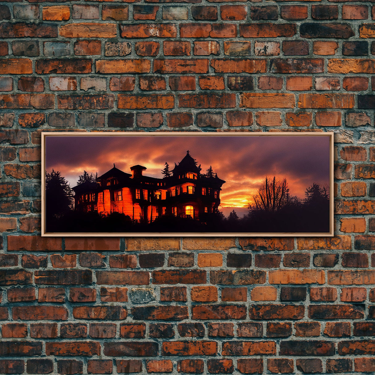 Spooky Haunted House, Panoramic Wall Art Canvas Print, Ready To Hang, Creepy Wall Decor, Gloomy Art