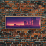 Cyberpunk Cityscape, Ready To Hang Canvas Print, Panoramic, Cyberpunk Concept Art, Cityscape at Sunset, Cool mancave art, Purplewave