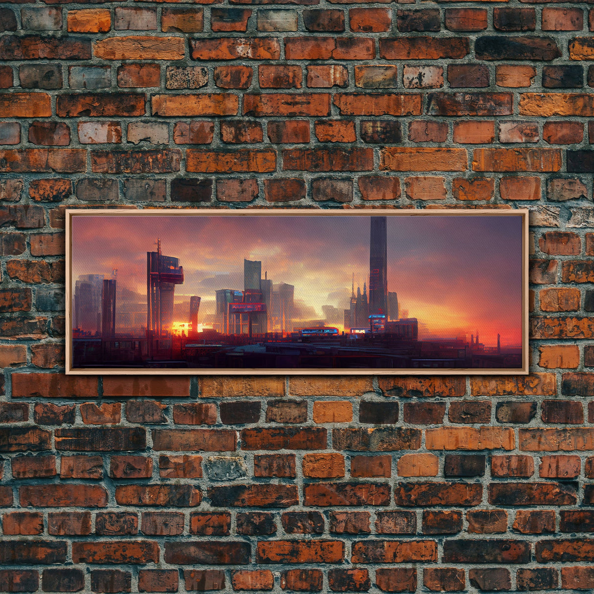 Cyberpunk Cityscape, Metropolis Art, Ready To Hang Canvas Print, Panoramic, Night City Watercolor Concept Art