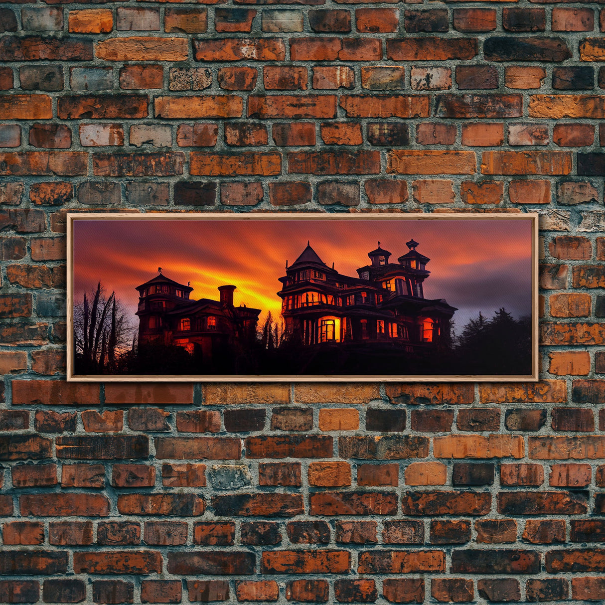 Spooky Victorian Haunted House, Panoramic Wall Art Canvas Print, Ready To Hang, Creepy Wall Decor, Gloomy Art, Scary Halloween Wall Decor