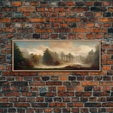 Hazy Forest Fantasy Art, Ready To Hang Canvas Print, Panoramic Art, Fog Covered Forest High Fantasy RPG Concept Art