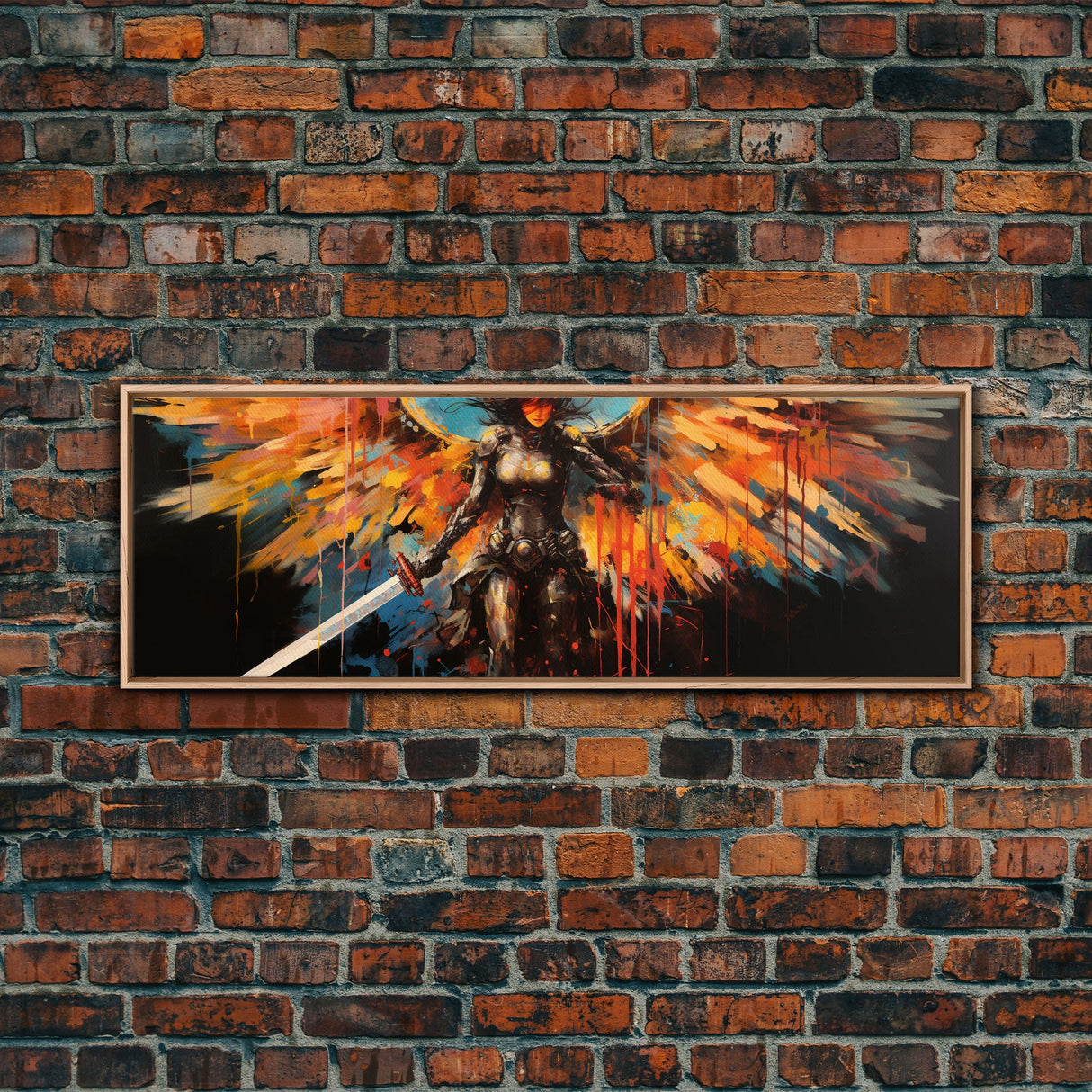 The Battle Angel, Framed Canvas Print, Game Room Art, Panoramic Painting, Panoramic Wall Art, Extra Large Wall Art