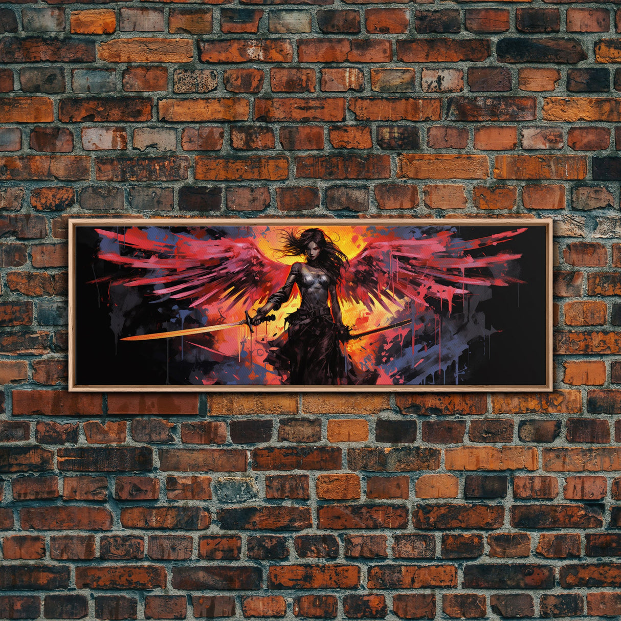 The Battle Angel, Framed Canvas Print, Game Room Art, Panoramic Painting, Panoramic Wall Art, Extra Large Wall Art