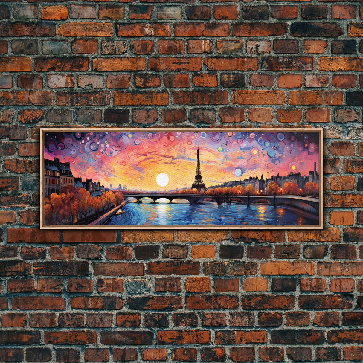 Eiffel Tower Abstract Paris France Panoramic Framed Canvas Print, Van Gogh Inspired Original Painting, Colorful Wall Art