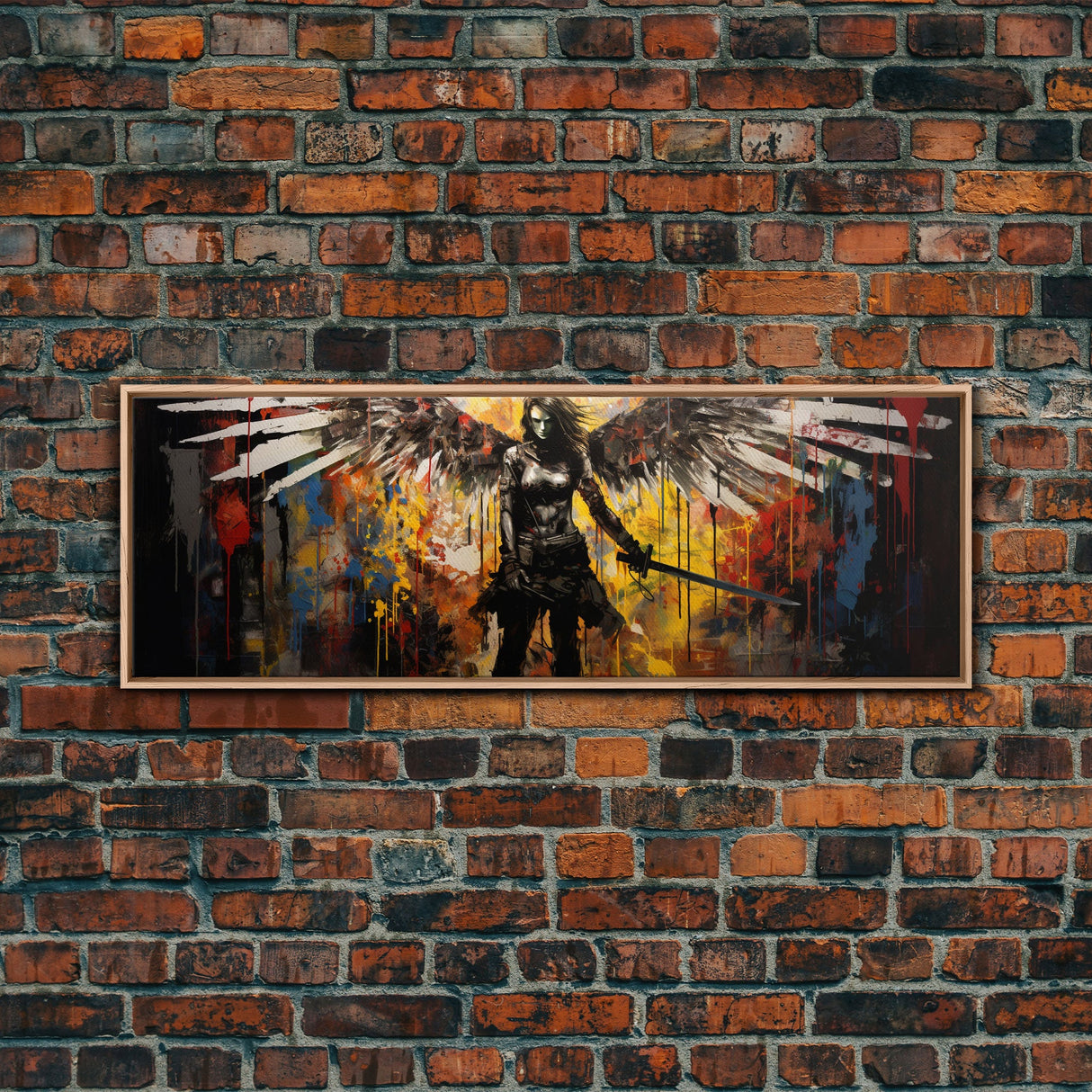 Graffiti Battle Angel, Framed Canvas Print, Game Room Art, Panoramic Painting, Panoramic Wall Art, Extra Large Wall Art