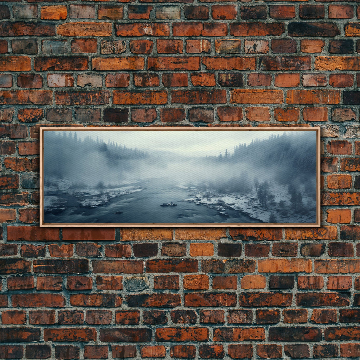 Panoramic Winter Scene Canvas Print, Winter Stream Drone Shot Bird's Eye View, Rustic Winter Centerpiece Wall Art, Panoramic Art