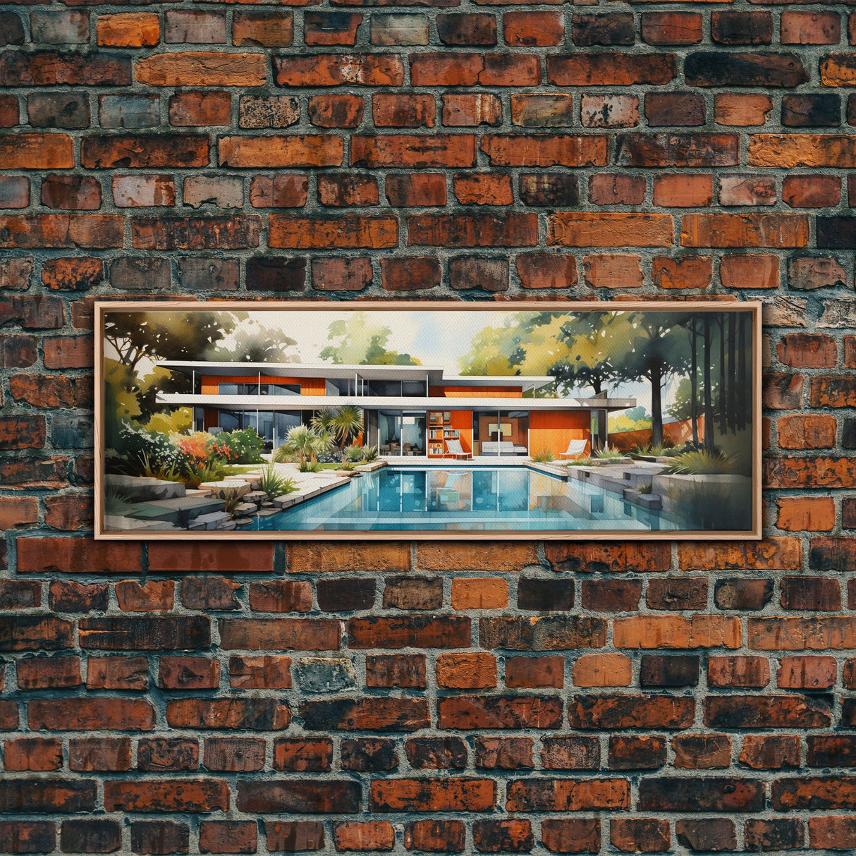 Midcentury Modern Architecture Wall Art, Framed Canvas Print, 50s Style Home Decor, Retro Art, MCM Wall Hanging, Panoramic Art