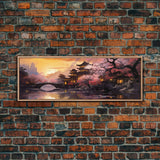 Dawn In Kyoto, Japan - Framed Canvas Print - Panoramic Painting Wall Art - Cute Wall Decor - Japanese Style Art