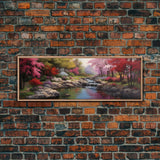 Panoramic Landscape Print Of A Tranquil Spring Stream, Framed Canvas Print, Original Landscape Oil Painting, Guest Room Decor