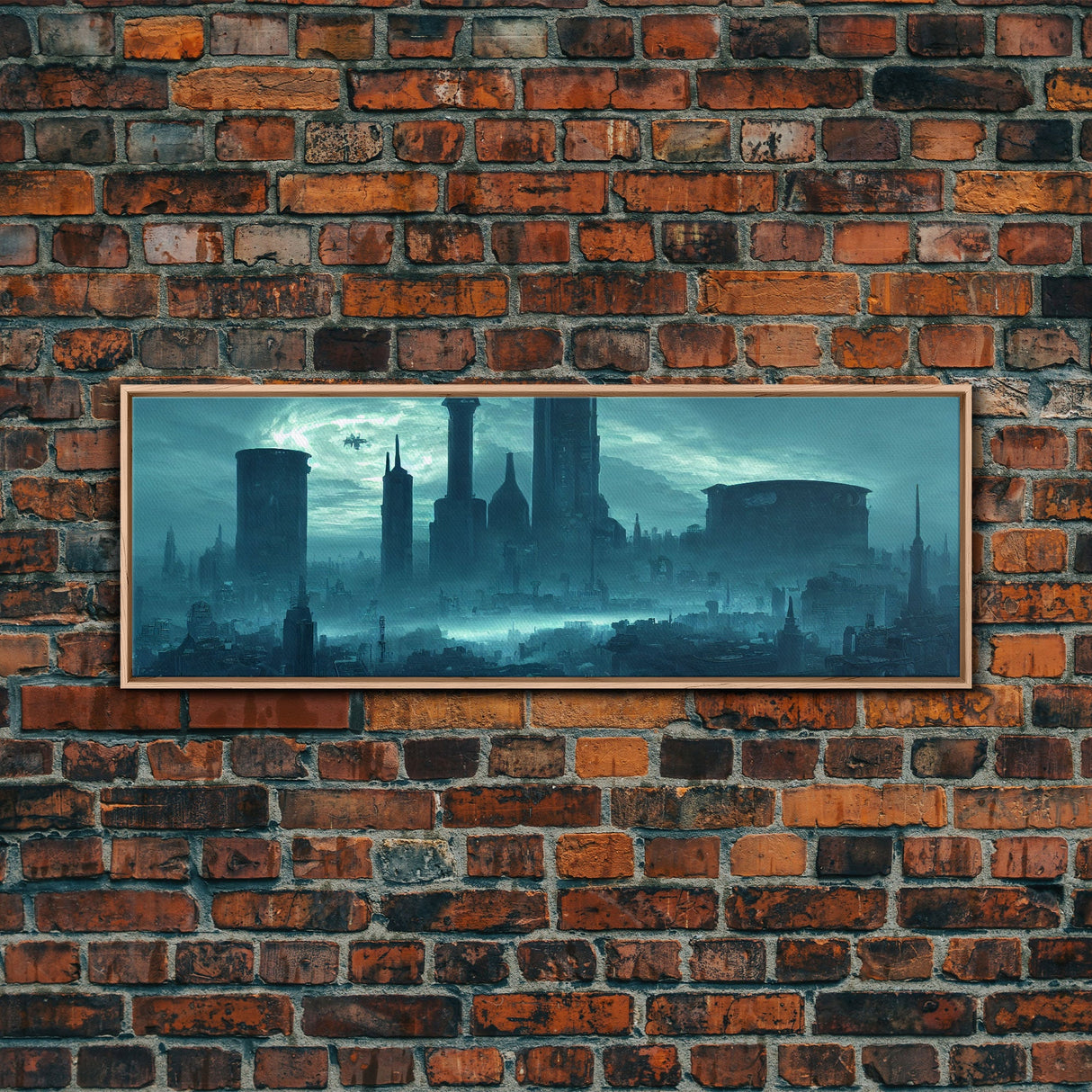 Dystopian Cyberpunk Metropolis, Steampunk Mashup, Extra Large Wall Art, Framed Panoramic Canvas Print, Framed Wall Art