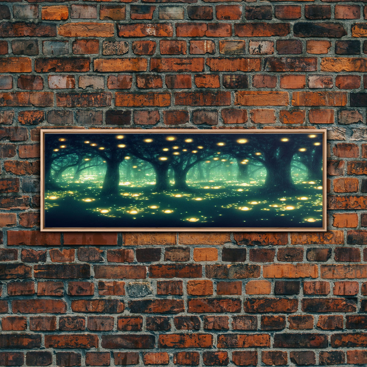 Fantasy Forest At Night With Fireflies, Extra Large Wall Art, Framed Panoramic Canvas Print, Framed Wall Art