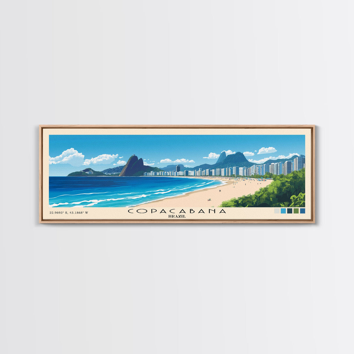 Copacabana, Brazil Panoramic Beach Print, Vacation Gift, Brazil Wall Art, Framed Canvas Print, Framed Beach Painting