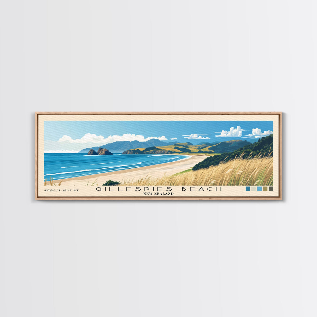 Gillespies Beach, New Zealand Panoramic Beach Print, Vacation Gift, New Zealand Wall Art, Framed Canvas Print, Framed Beach Painting