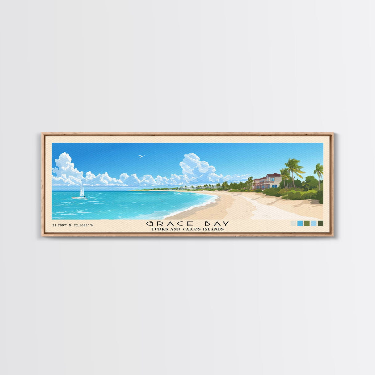 Grace Bay, Turks and Caicos Islands Panoramic Beach Print, Vacation Gift, Turks and Caicos Islands Wall Art, Framed Canvas Print, Framed Beach Painting