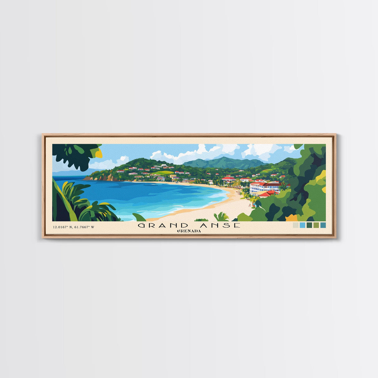 Grand Anse, Grenada Panoramic Print, Vacation Gift, Grenada Wall Art, Beach Painting, Beach Decor, Large Wall Art, Wood Frame Art