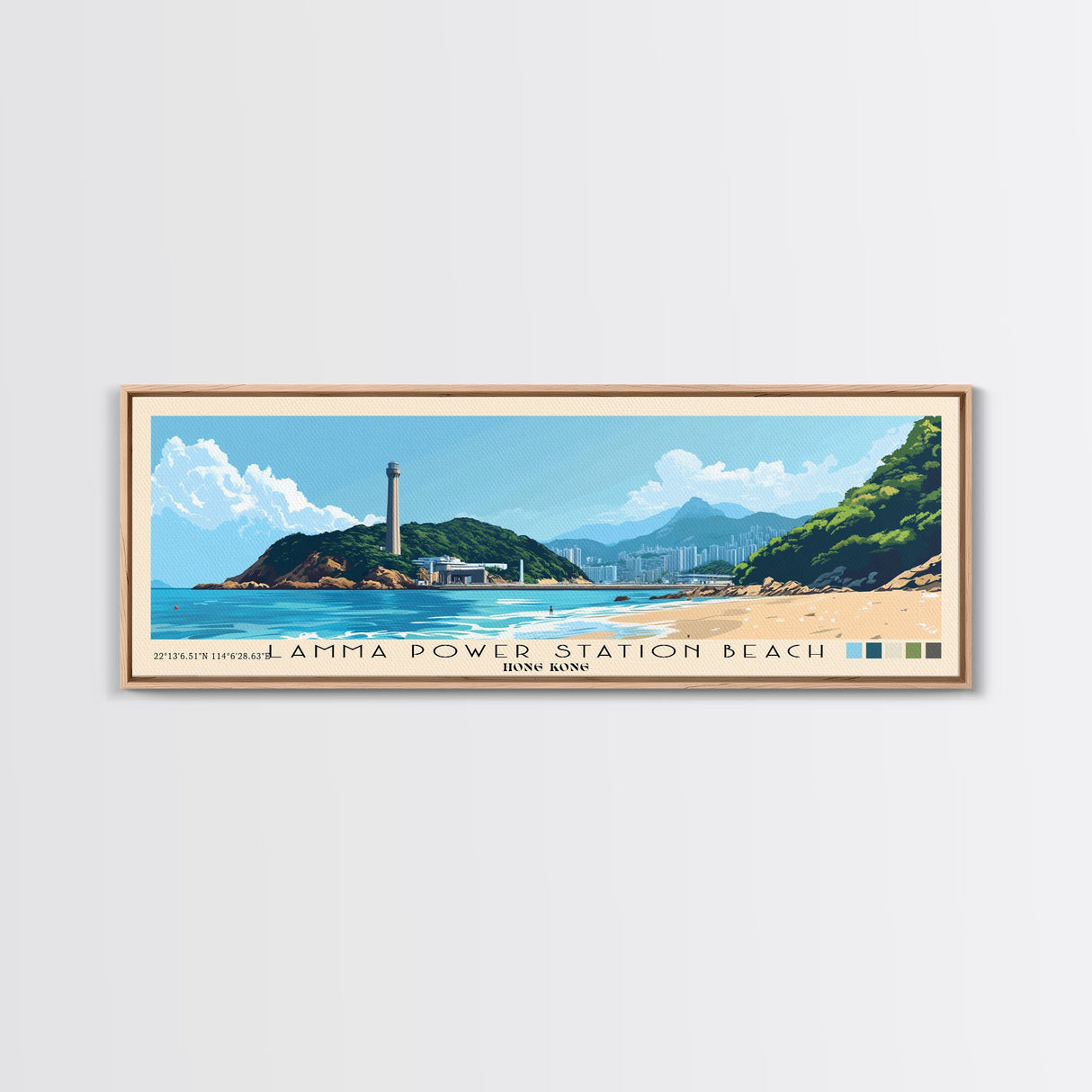 Lamma Power Station Beach, Hong Kong Panoramic Print, Vacation Gift, Hong Kong Wall Art, Beach Painting, Beach Decor, Large Wall Art, Wood Frame Art