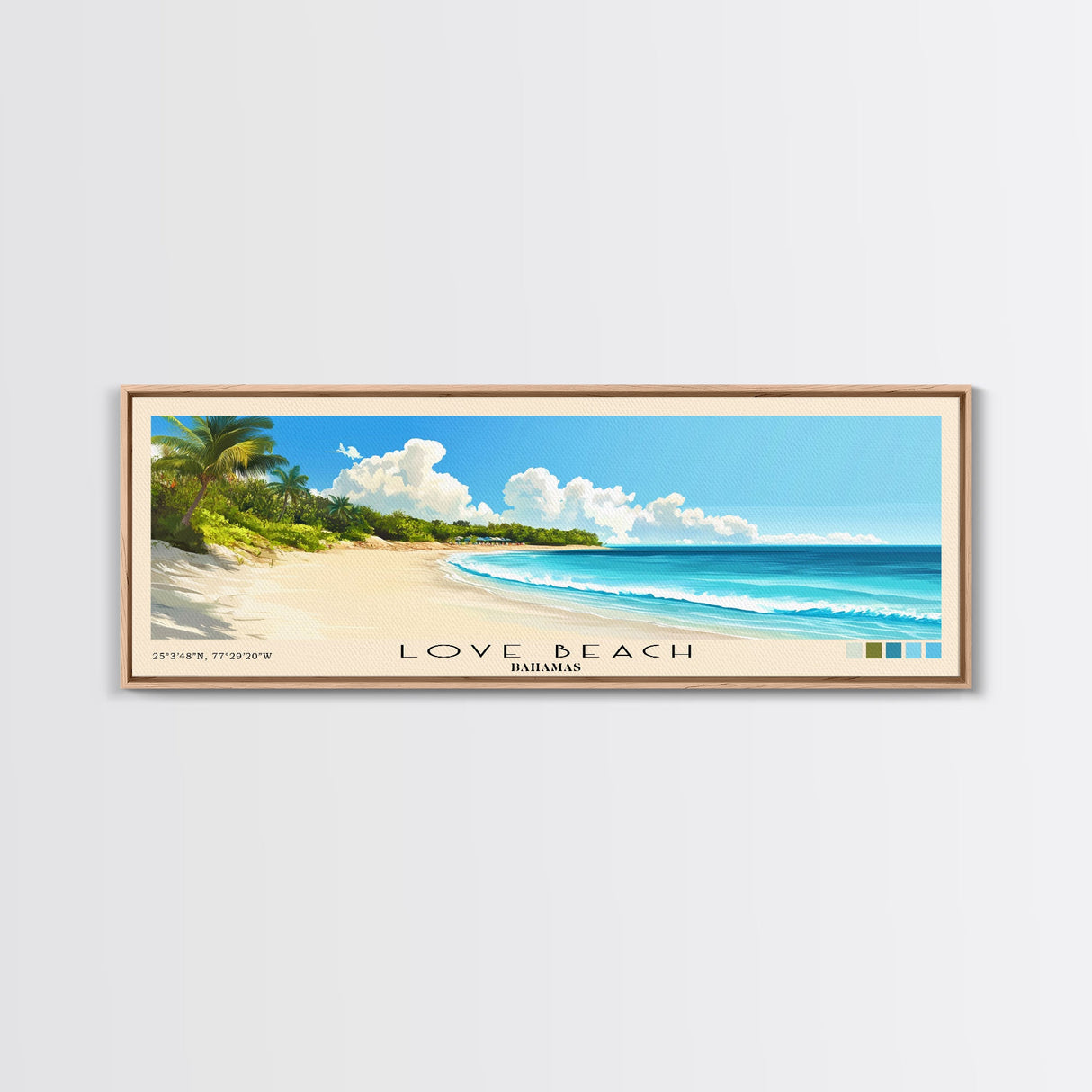 Love Beach, Bahamas Panoramic Print, Vacation Gift, Bahamas Wall Art, Beach Painting, Beach Decor, Large Wall Art, Wood Frame Art