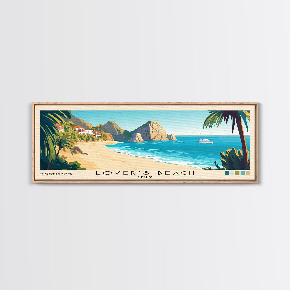 Lover’s Beach, Mexico Panoramic Beach Print, Vacation Gift, Mexico Wall Art, Framed Canvas Print, Framed Beach Painting