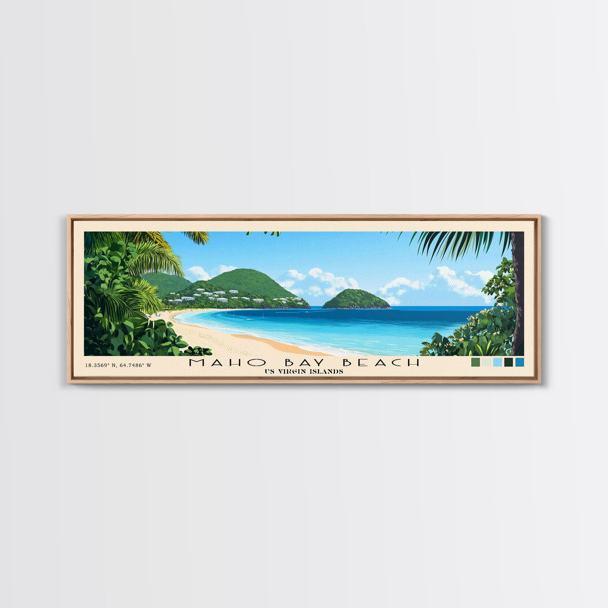 Maho Bay Beach, US Virgin islands Panoramic Beach Print, Vacation Gift, US Virgin islands Wall Art, Framed Canvas Print, Framed Beach Painting