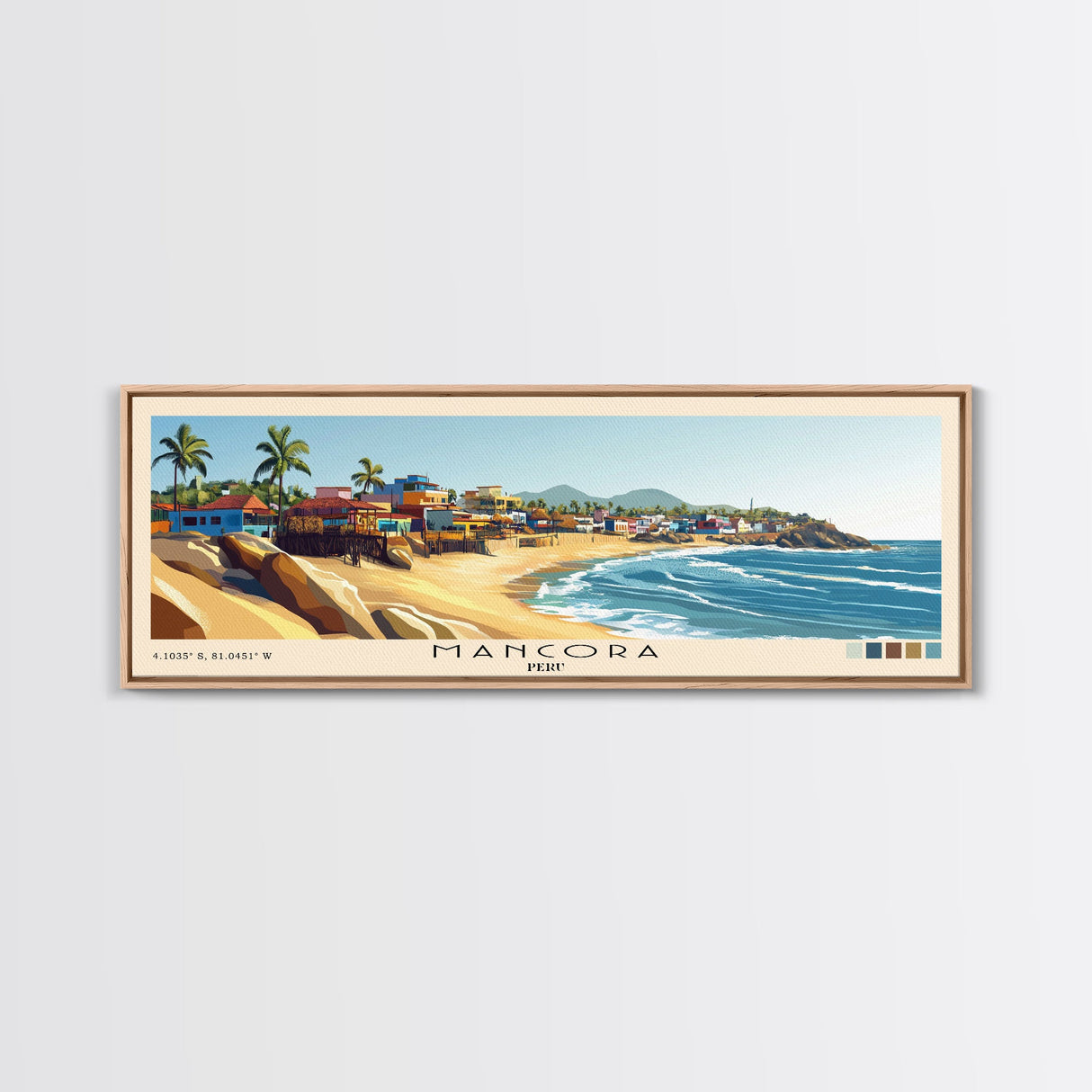 Mancora, Peru Panoramic Beach Print, Vacation Gift, Peru Wall Art, Framed Canvas Print, Framed Beach Painting