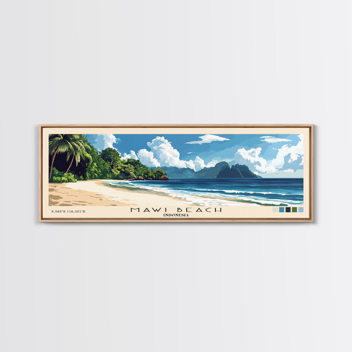 Mawi Beach, Indonesia Panoramic Beach Print, Vacation Gift, Indonesia Wall Art, Framed Canvas Print, Framed Beach Painting