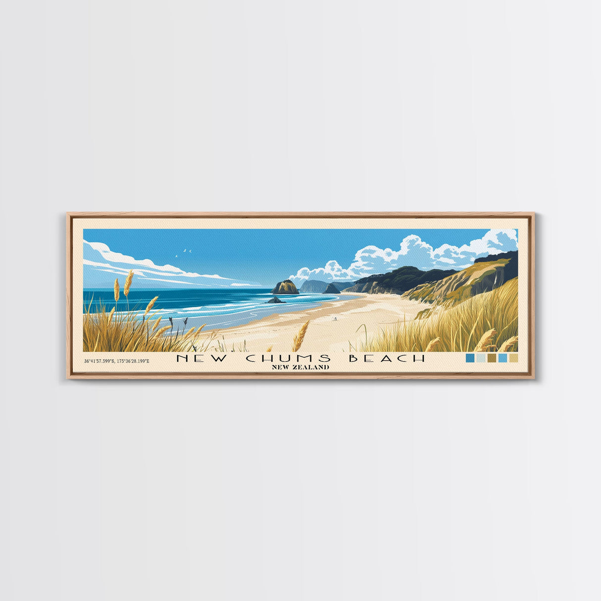 New Chums Beach, New Zealand Panoramic Print, Vacation Gift, New Zealand Wall Art, Beach Painting, Beach Decor, Beach Or Lakehouse Art