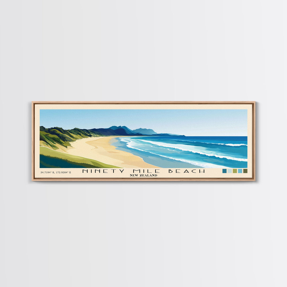 Ninety Mile Beach, New Zealand Panoramic Print, Vacation Gift, New Zealand Wall Art, Beach Painting, Beach Decor, Beach Or Lakehouse Art