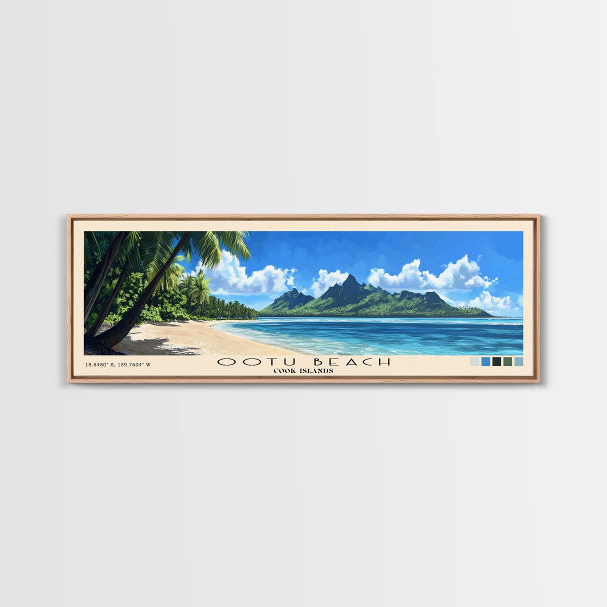 Ootu Beach, Cook Islands Panoramic Print, Vacation Gift, Cook Islands Wall Art, Beach Painting, Beach Decor, Large Wall Art, Wood Frame Art