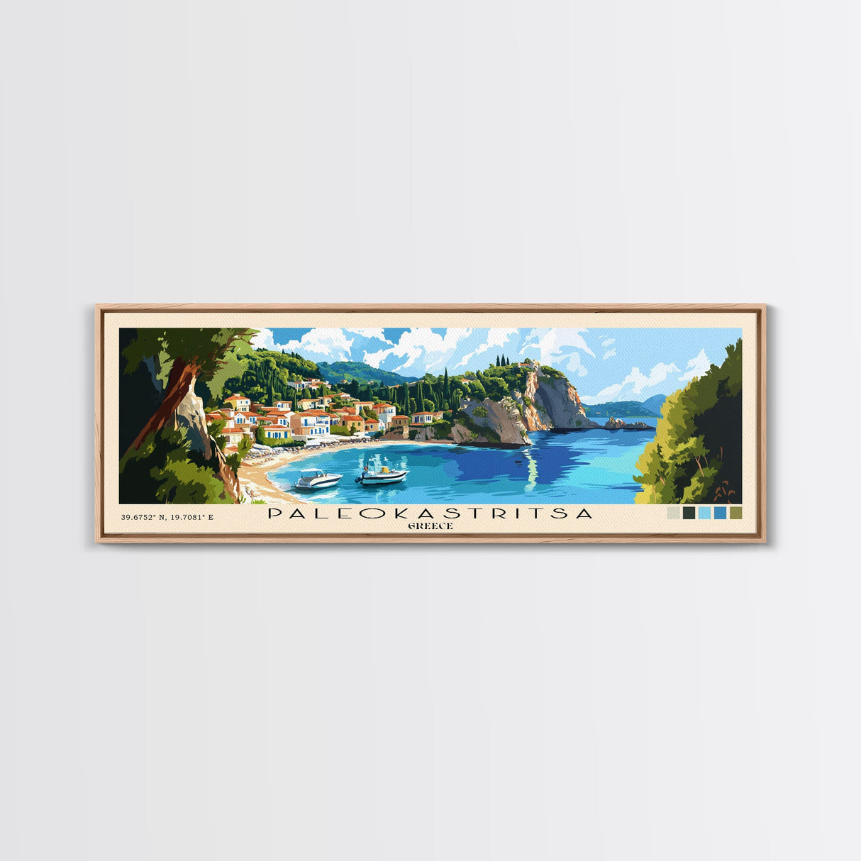 Paleokastritsa, Greece Panoramic Beach Print, Vacation Gift, Greece Wall Art, Framed Canvas Print, Framed Beach Painting