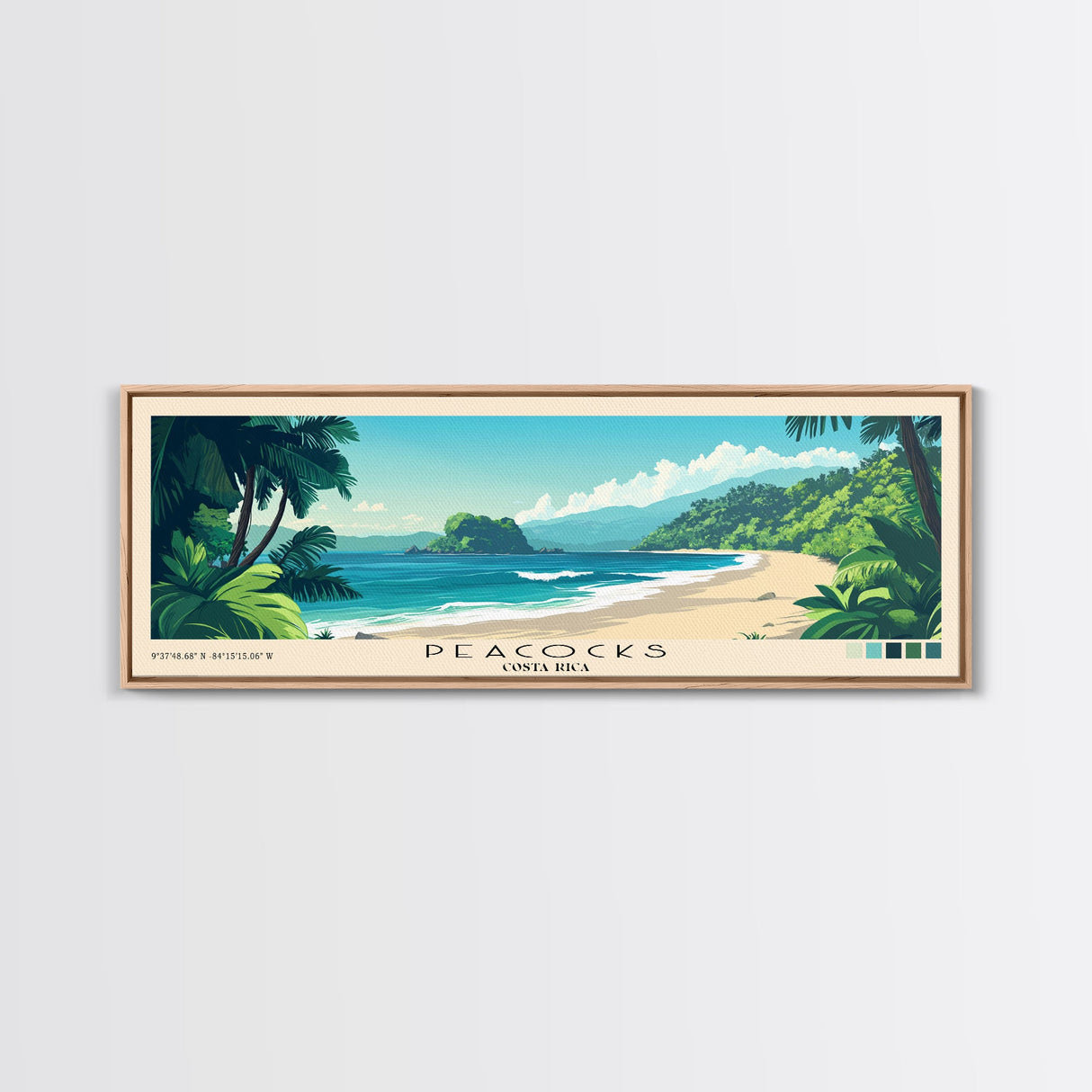 Peacocks, Costa Rica Panoramic Beach Print, Vacation Gift, Costa Rica Wall Art, Beach Painting, Beach Decor, Beach Painting