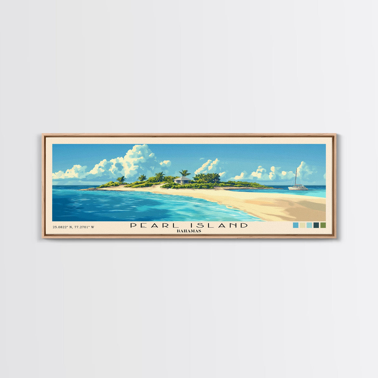 Pearl Island, Bahamas Panoramic Print, Vacation Gift, Bahamas Wall Art, Beach Painting, Beach Decor, Large Wall Art, Wood Frame Art