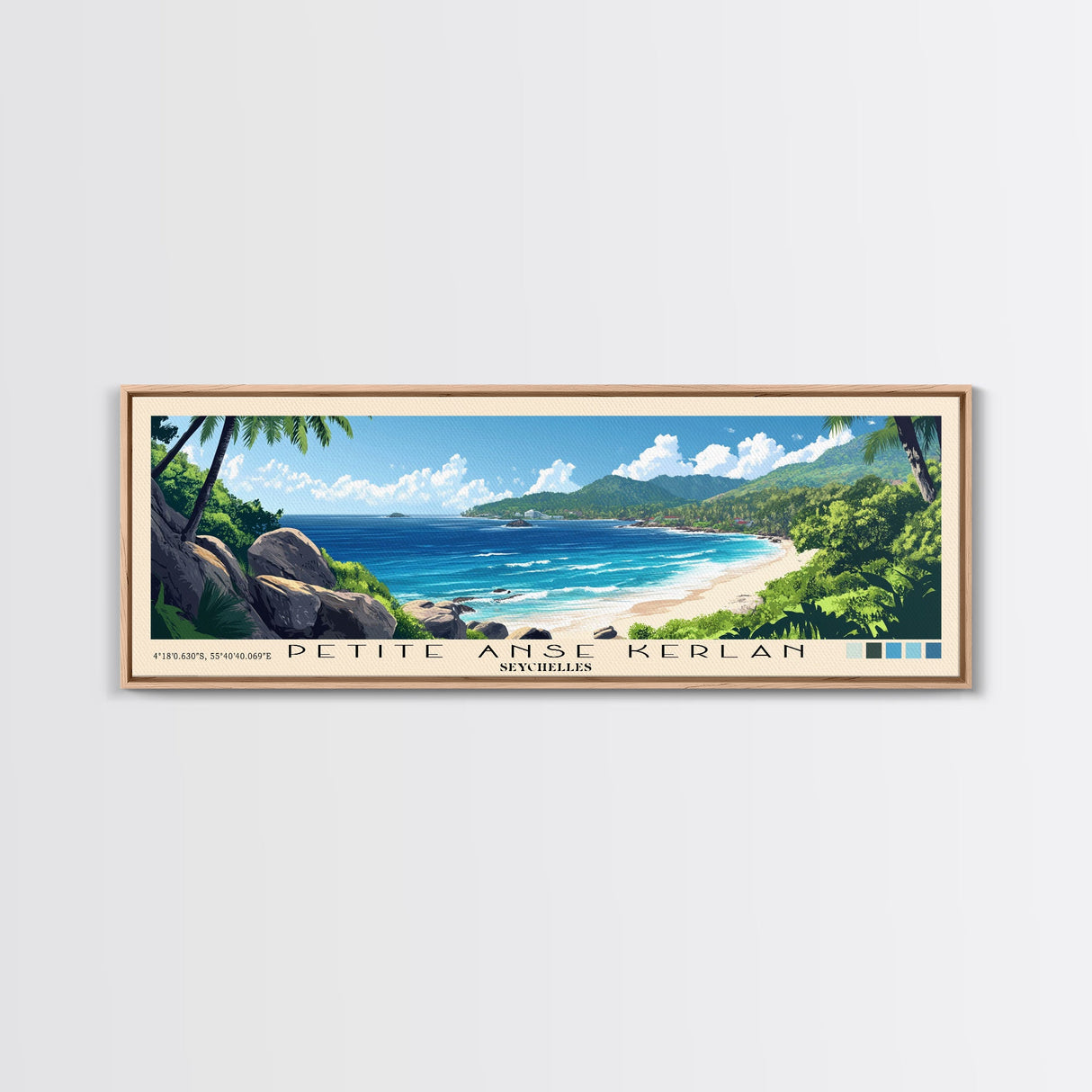 Petite Anse Kerlan, Seychelles Panoramic Beach Print, Vacation Gift, Seychelles Wall Art, Framed Canvas Print, Framed Beach Painting