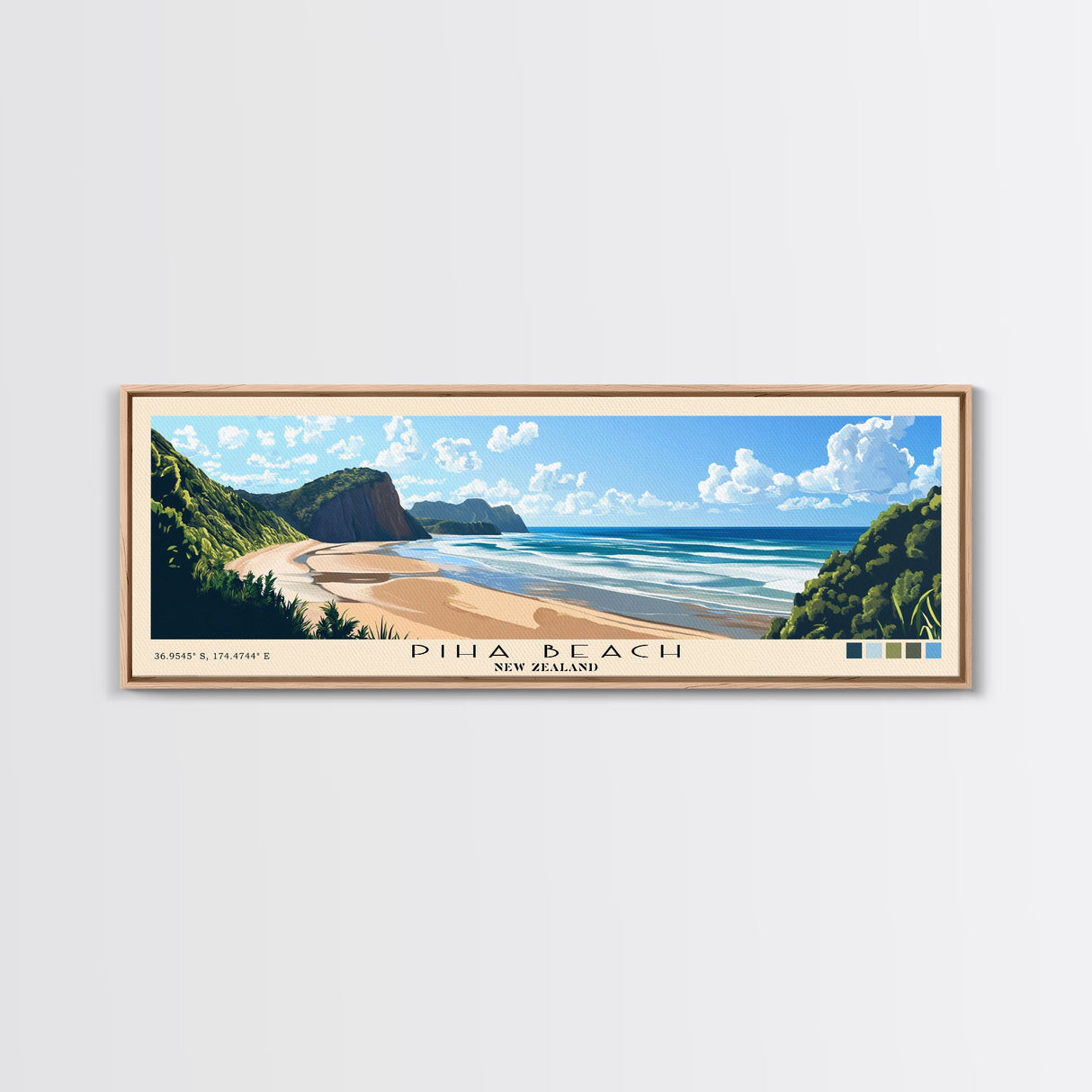 Piha Beach, New Zealand Panoramic Print, Vacation Gift, New Zealand Wall Art, Beach Painting, Beach Decor, Beach Or Lakehouse Art