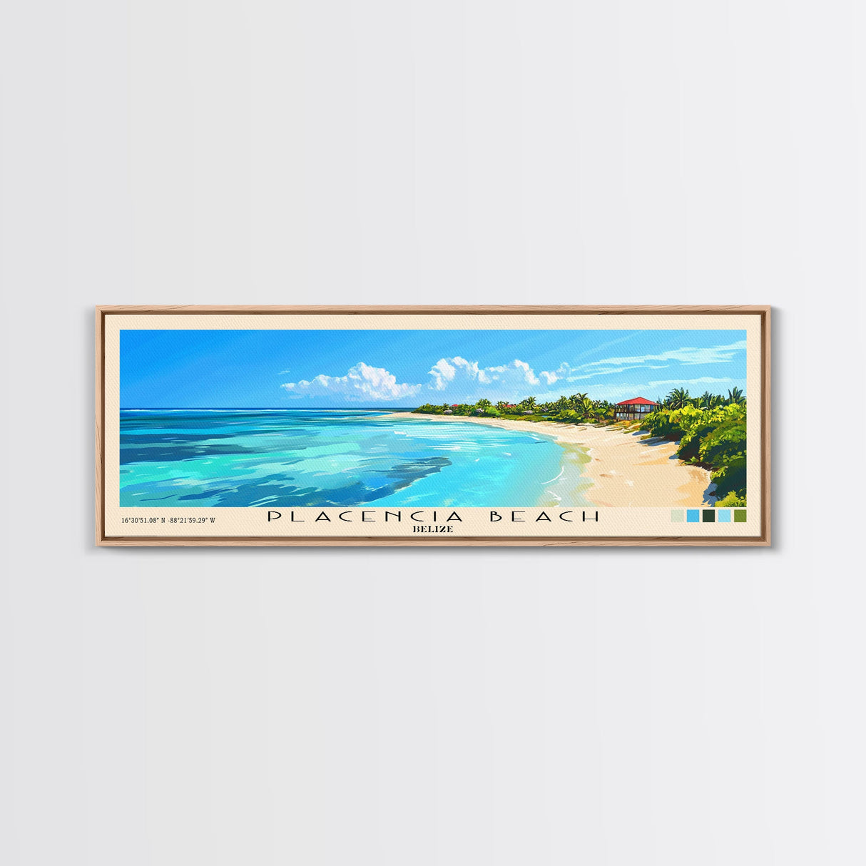 Placencia Beach, Belize Panoramic Beach Print, Vacation Gift, Belize Wall Art, Framed Canvas Print, Framed Beach Painting