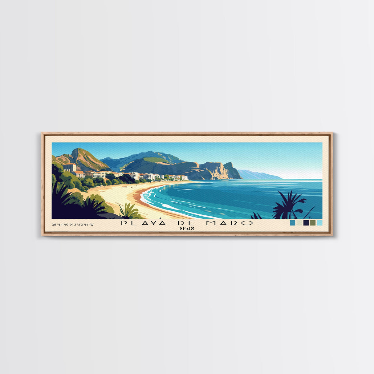 Playa de Maro, Spain Panoramic Print, Vacation Gift, Spain Wall Art, Beach Painting, Beach Decor, Large Wall Art, Wood Frame Art