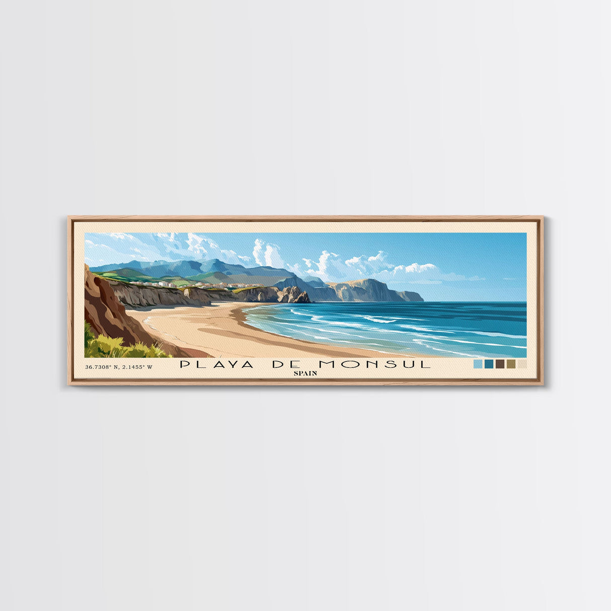 Playa de Monsul, Spain Panoramic Beach Print, Vacation Gift, Spain Wall Art, Framed Canvas Print, Framed Beach Painting