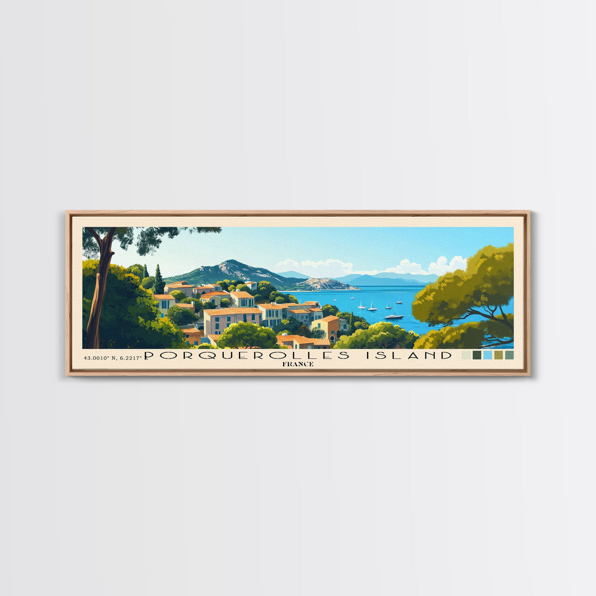 Porquerolles Island, France Panoramic Print, Vacation Gift, France Wall Art, Beach Painting, Beach Decor, Large Wall Art, Wood Frame Art