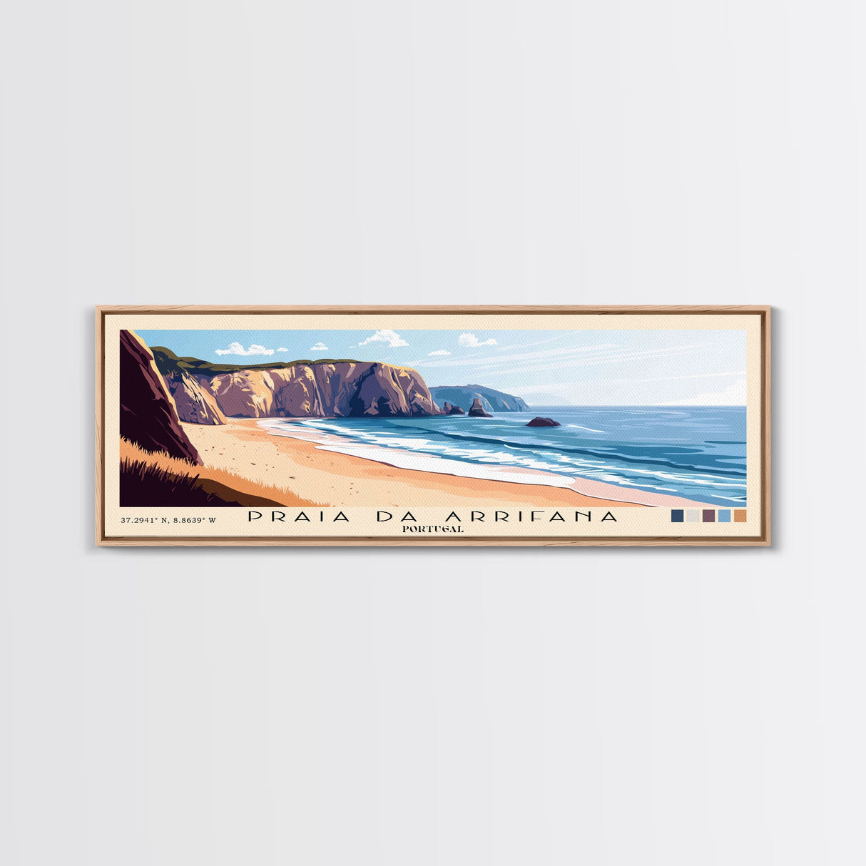 Praia da Arrifana, Portugal Panoramic Print, Vacation Gift, Portugal Wall Art, Beach Painting, Beach Decor, Large Wall Art, Wood Frame Art