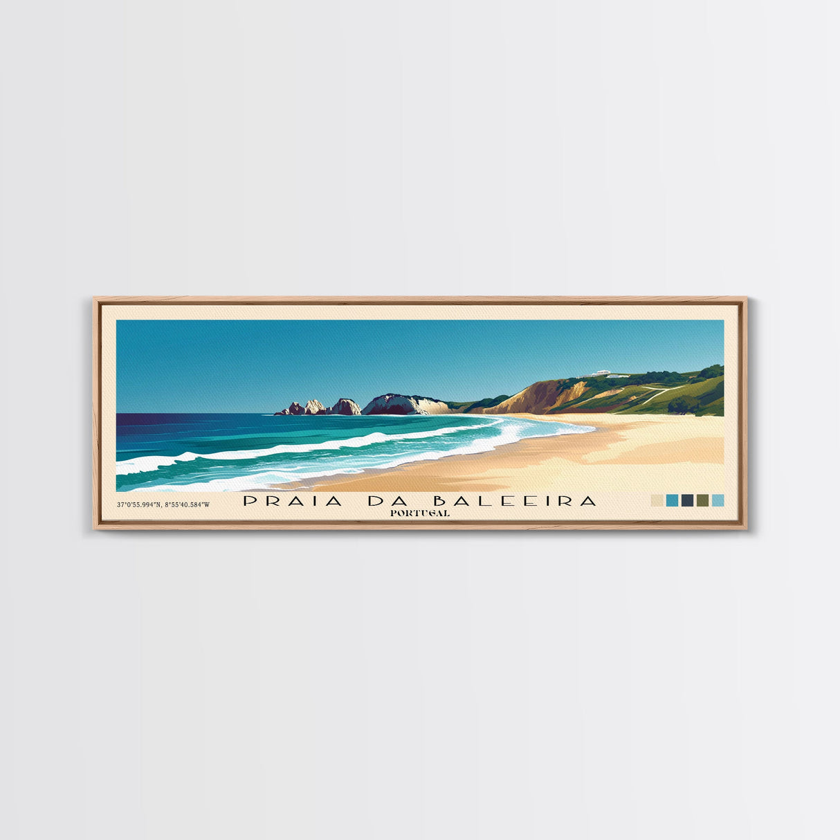 Praia da Baleeira, Portugal Panoramic Beach Print, Vacation Gift, Portugal Wall Art, Framed Canvas Print, Framed Beach Painting