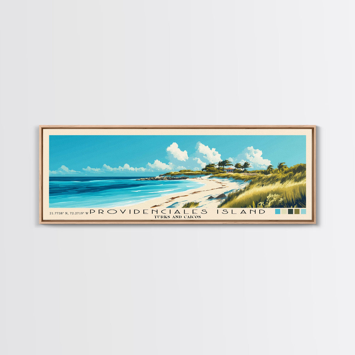 Providenciales Island, Turks and Caicos Panoramic Print, Vacation Gift, Turks and Caicos Wall Art, Beach Painting, Beach Decor, Large Wall Art, Wood Frame Art