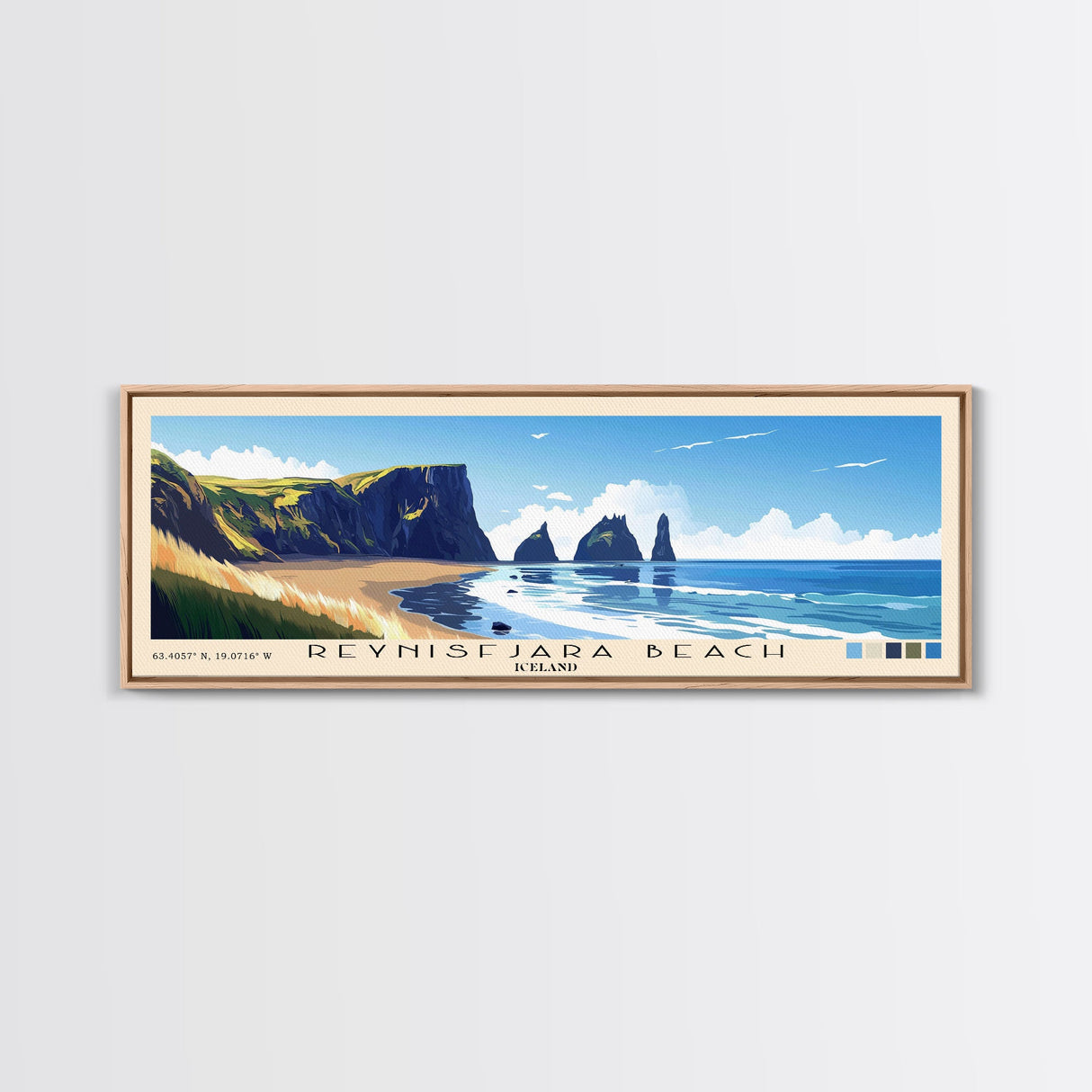 Reynisfjara Beach, Iceland Panoramic Beach Print, Vacation Gift, Iceland Wall Art, Framed Canvas Print, Framed Beach Painting