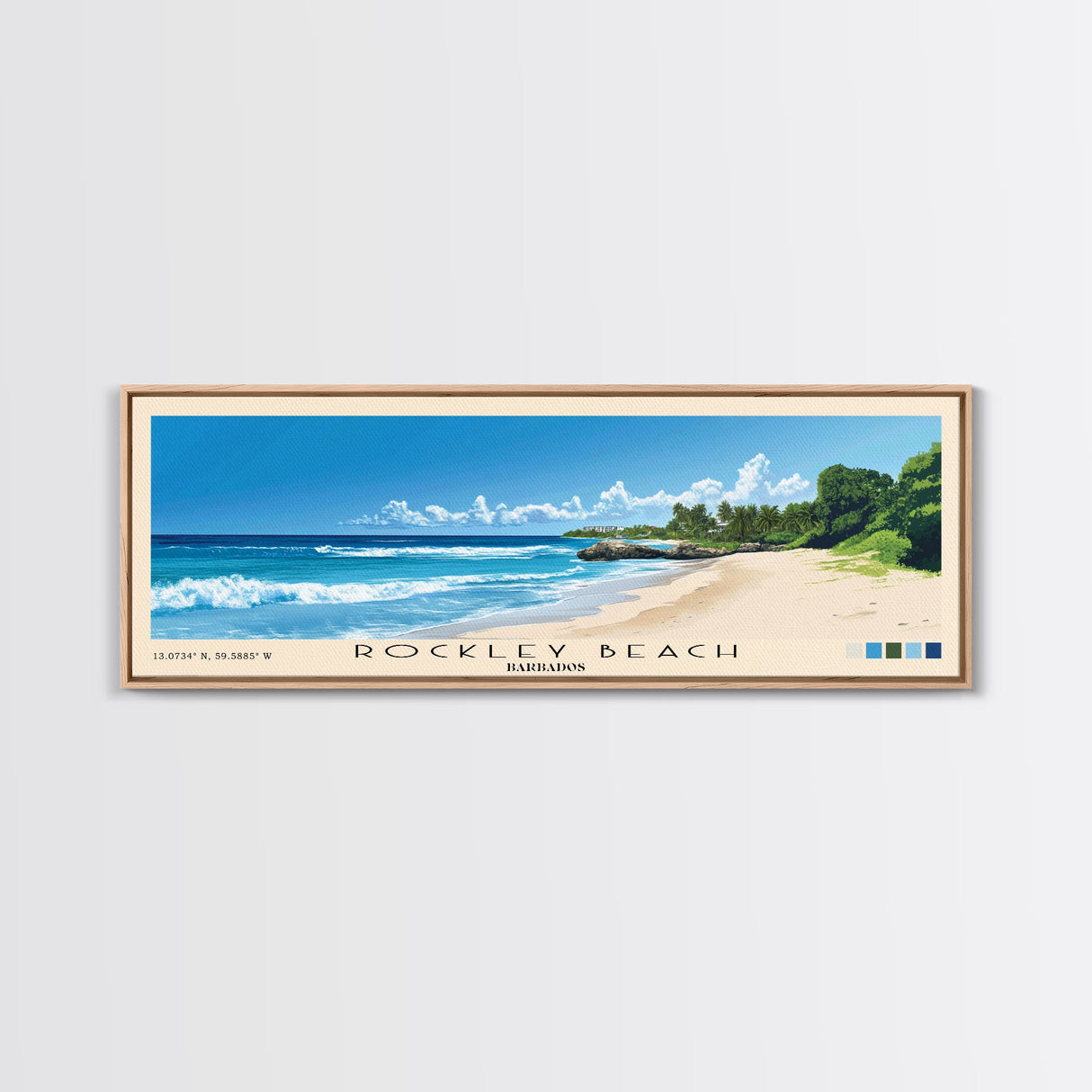 Rockley Beach, Barbados Panoramic Beach Print, Vacation Gift, Barbados Wall Art, Framed Canvas Print, Framed Beach Painting