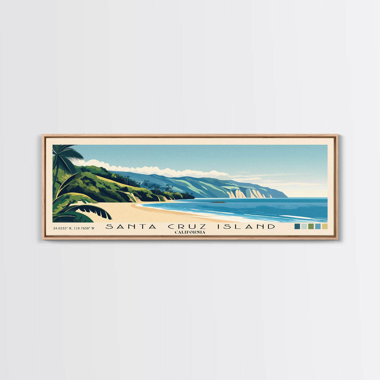 Santa Cruz Island, California Panoramic Beach Print, Vacation Gift, California Wall Art, Framed Canvas Print, Framed Beach Painting