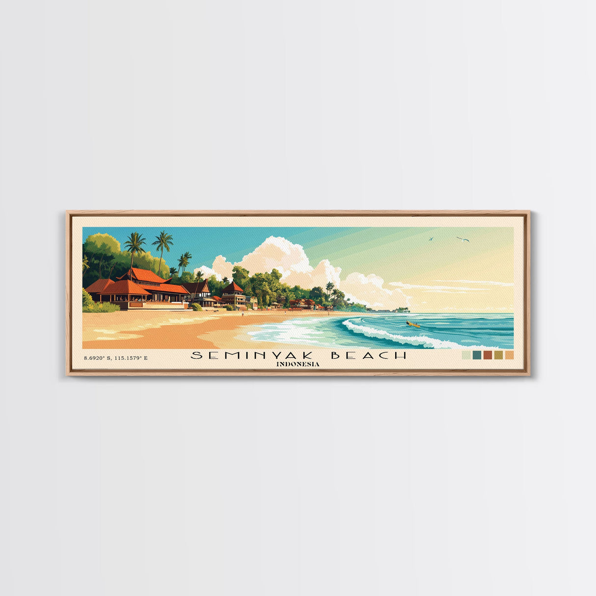 Seminyak Beach, Indonesia Panoramic Beach Print, Vacation Gift, Indonesia Wall Art, Framed Canvas Print, Framed Beach Painting