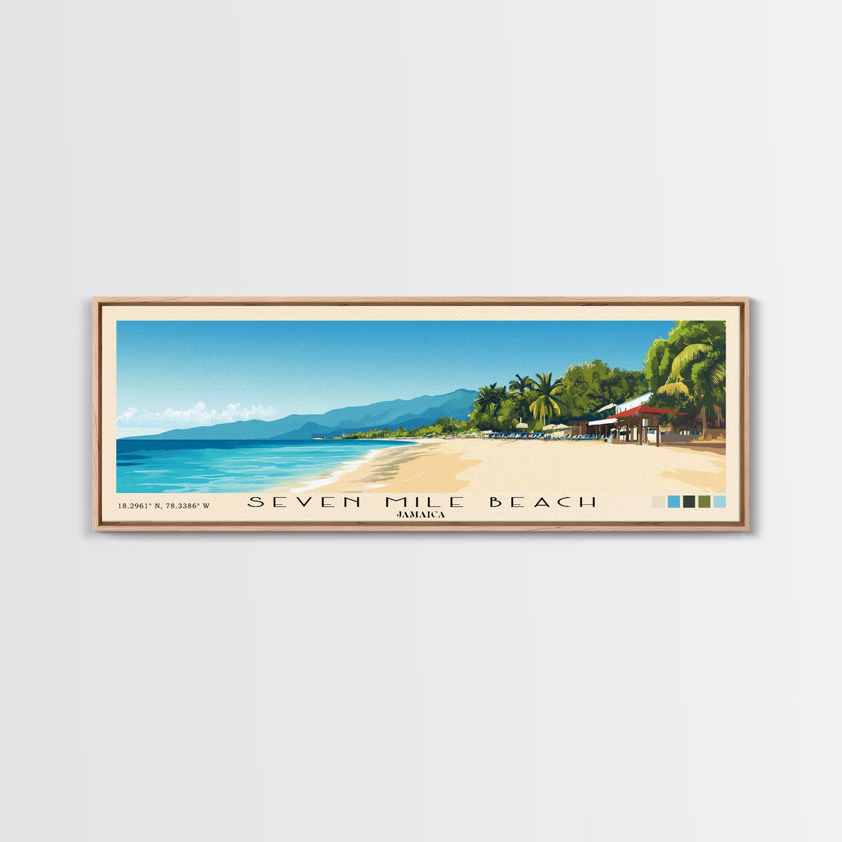 Seven Mile Beach, Jamaica Panoramic Print, Vacation Gift, Jamaica Wall Art, Beach Painting, Beach Decor, Large Wall Art, Wood Frame Art