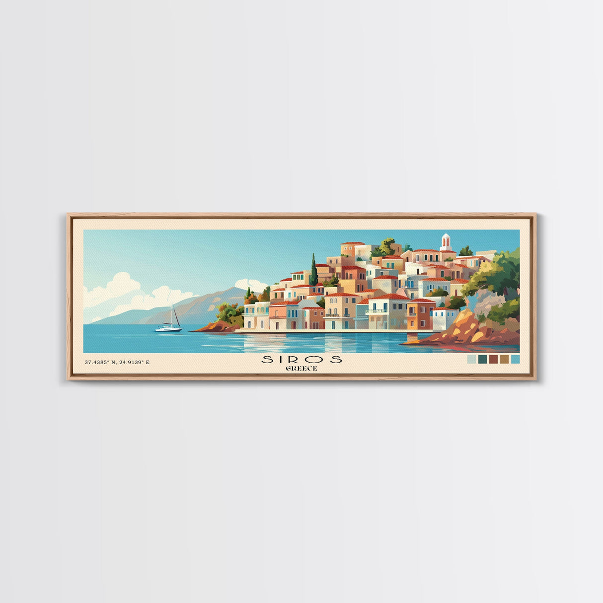 Siros, Greece Panoramic Print, Vacation Gift, Greece Wall Art, Beach Painting, Beach Decor, Beach Or Lakehouse Art