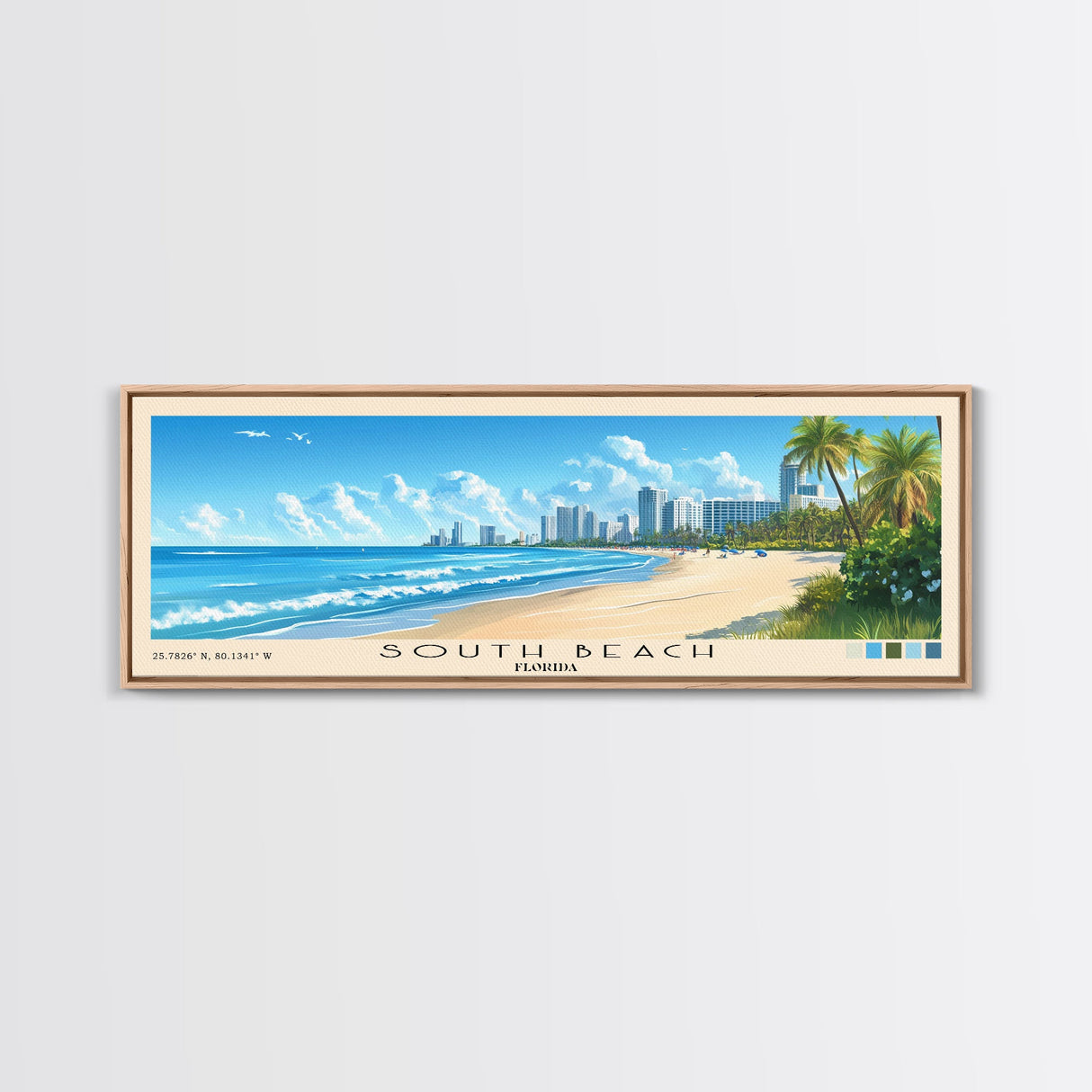 South Beach, Florida Panoramic Print, Vacation Gift, Florida Wall Art, Beach Painting, Beach Decor, Beach Or Lakehouse Art